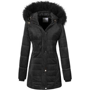 Women's Warm Winter Coat Velvet Puffer Jacket Quilted Faux Fur Hood
